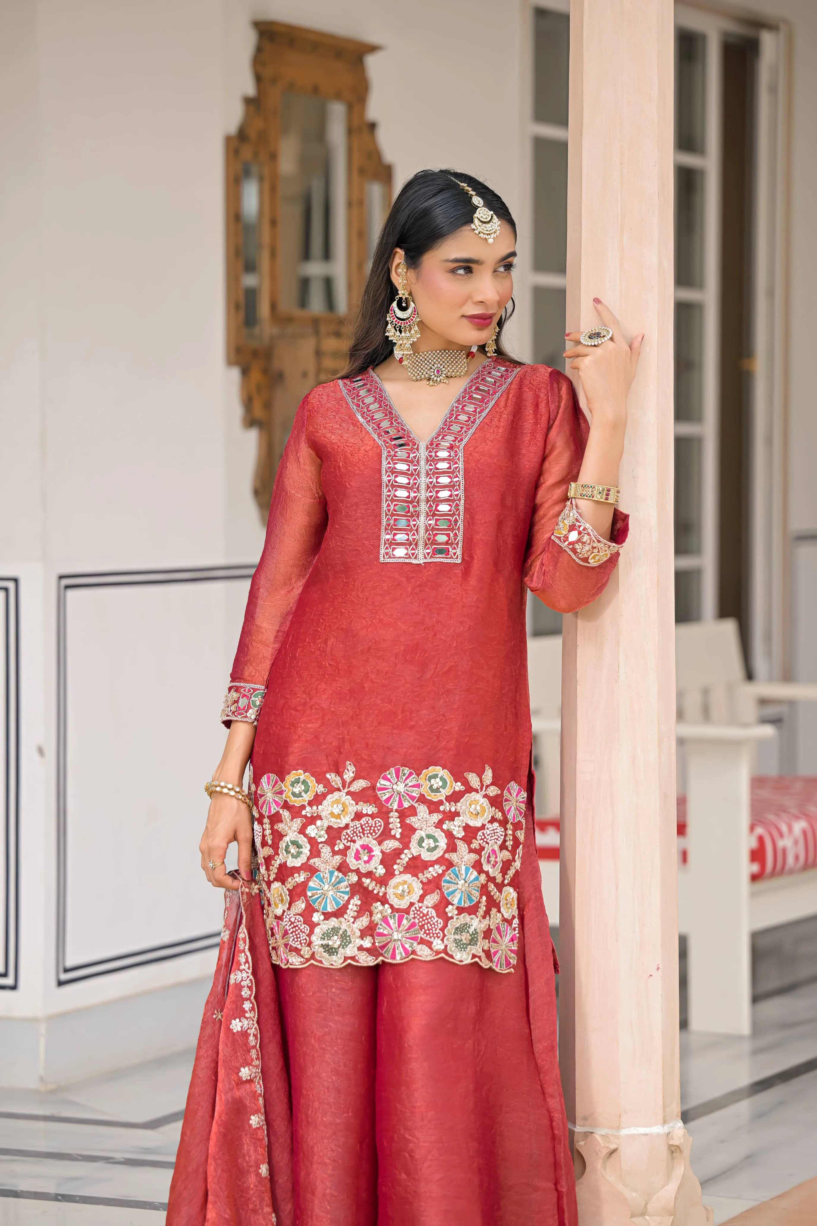 Crush Satin Suit With Beads And Mirror Work 4