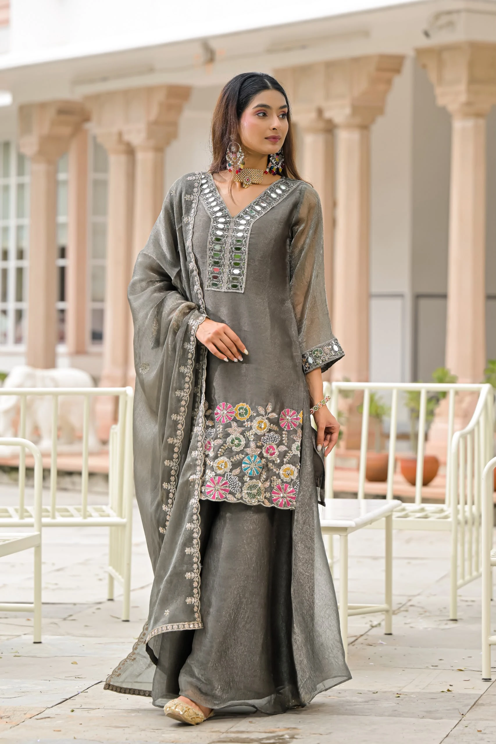 Crush Satin Suit With Beads And Mirror Work 5