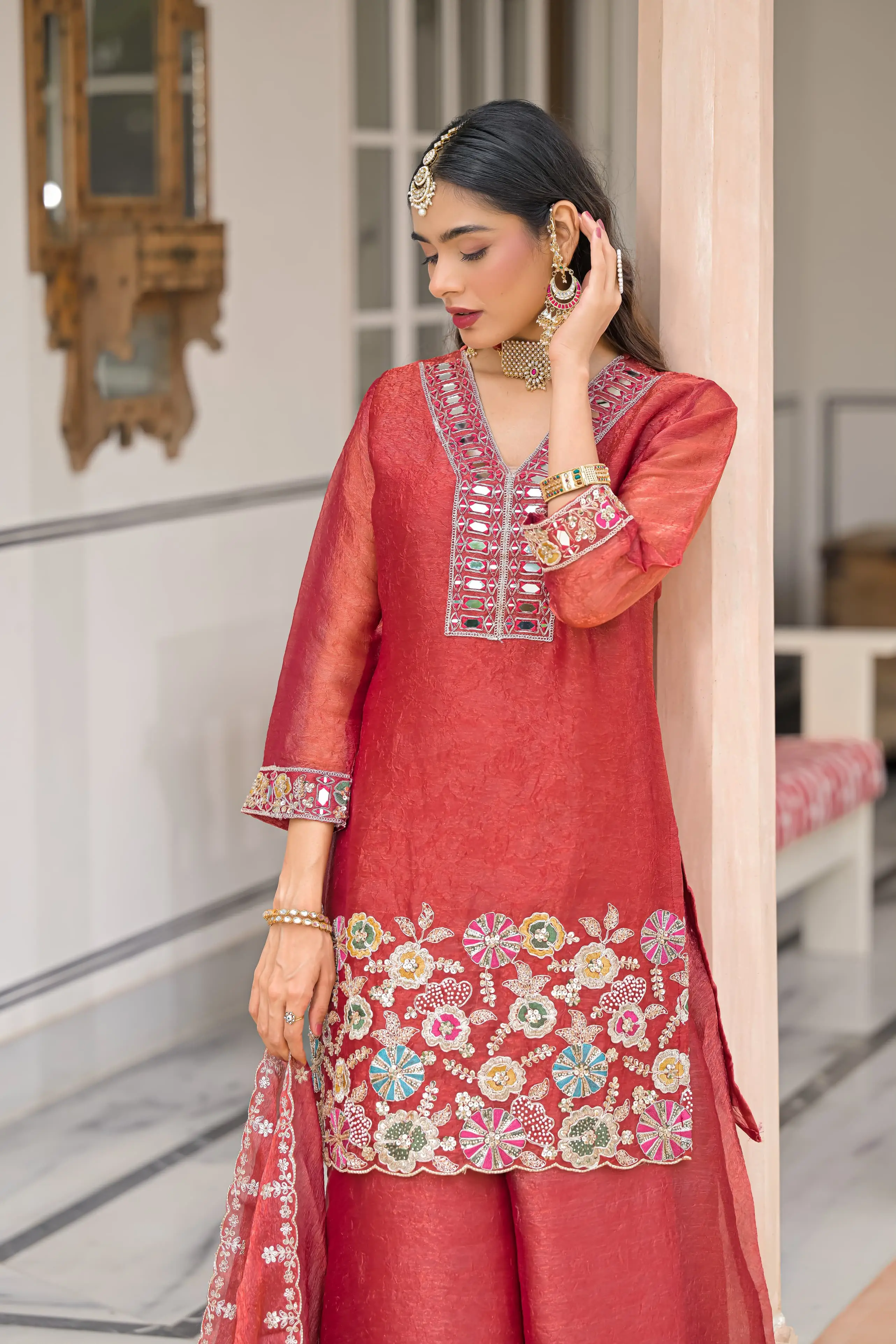 Crush Satin Suit With Beads And Mirror Work 6