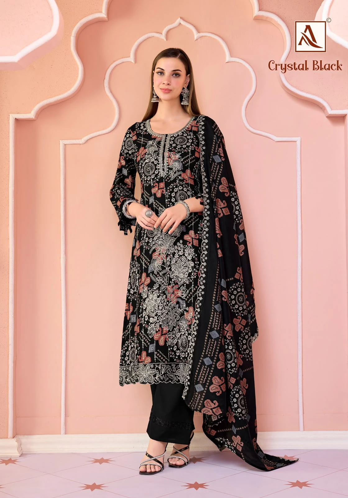 Alok Suit Crystal Black Pure Viscose Rayon Suit With Fancy Embroidery & Swarovski Diamond Work 2