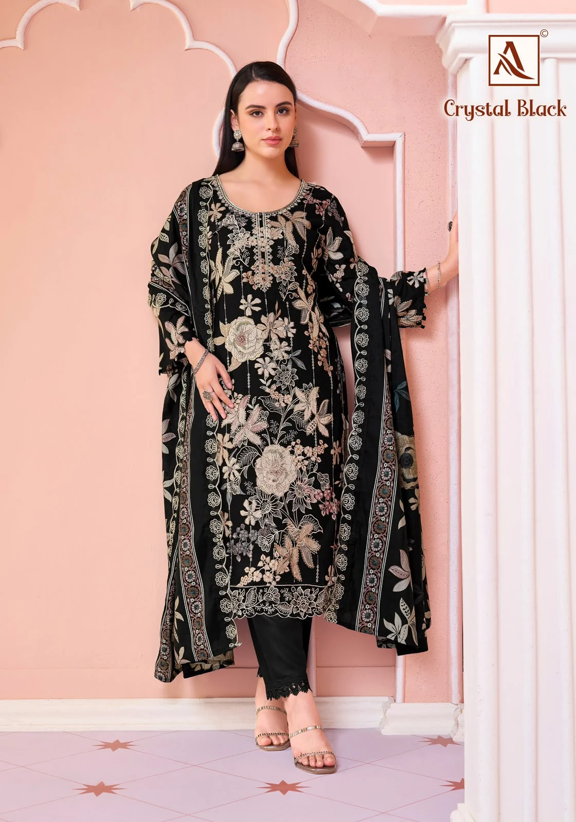 Alok Suit Crystal Black Pure Viscose Rayon Suit With Fancy Embroidery & Swarovski Diamond Work 4