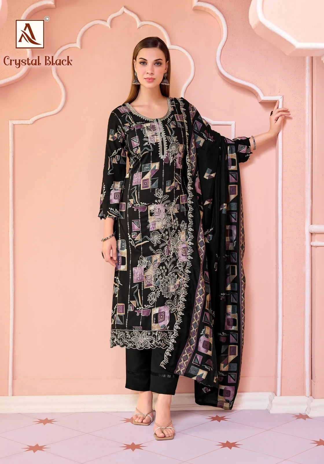 Alok Suit Crystal Black Pure Viscose Rayon Suit With Fancy Embroidery & Swarovski Diamond Work 5