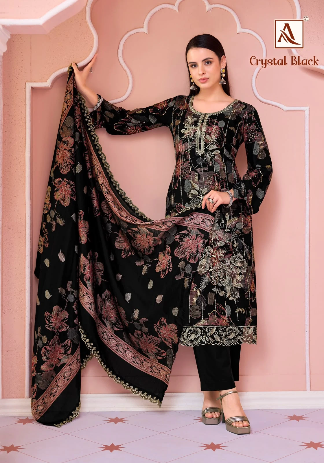 Alok Suit Crystal Black Pure Viscose Rayon Suit With Fancy Embroidery & Swarovski Diamond Work 7