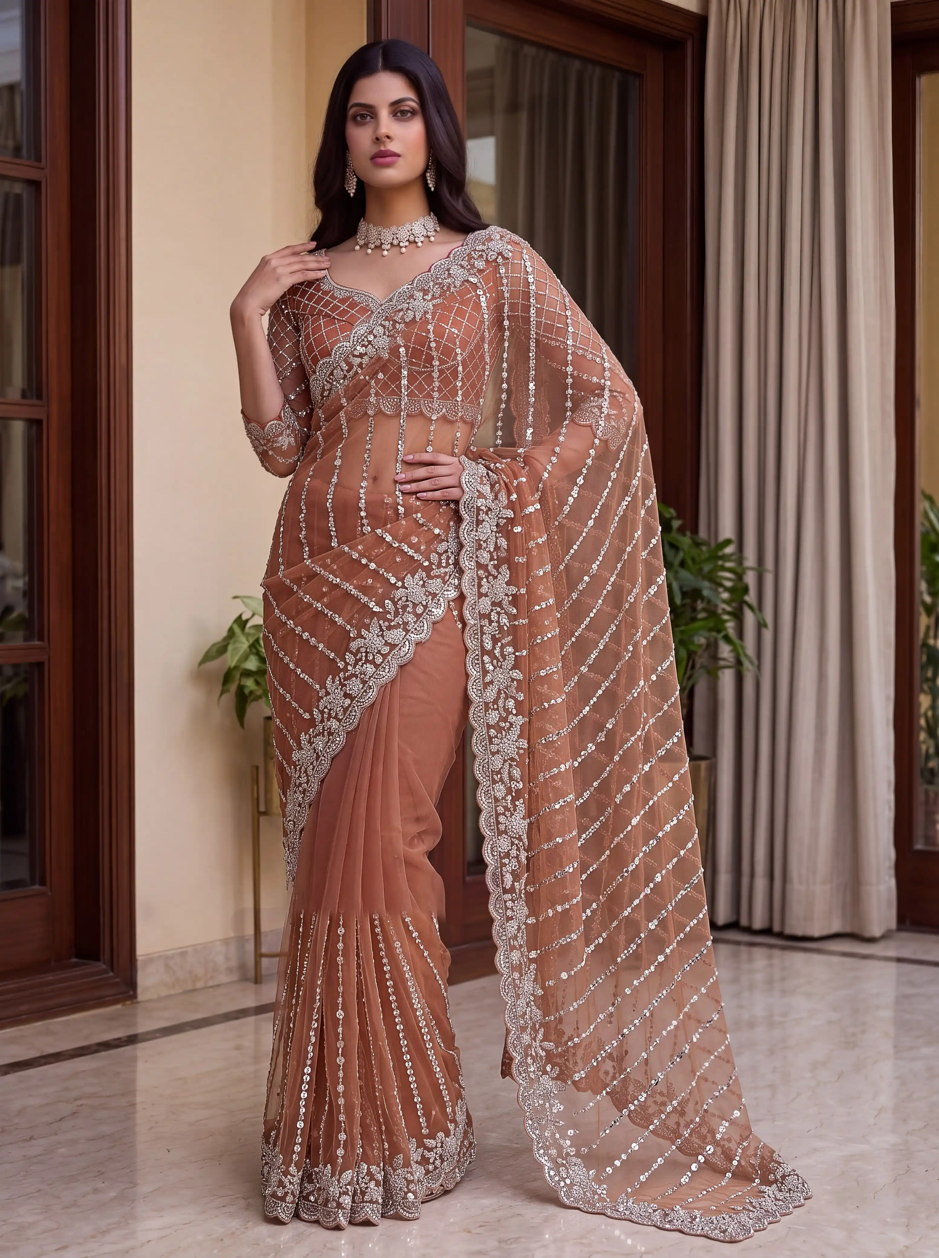 Designer Net Saree With Beads Sequin And Pearl Embroidery Work 1
