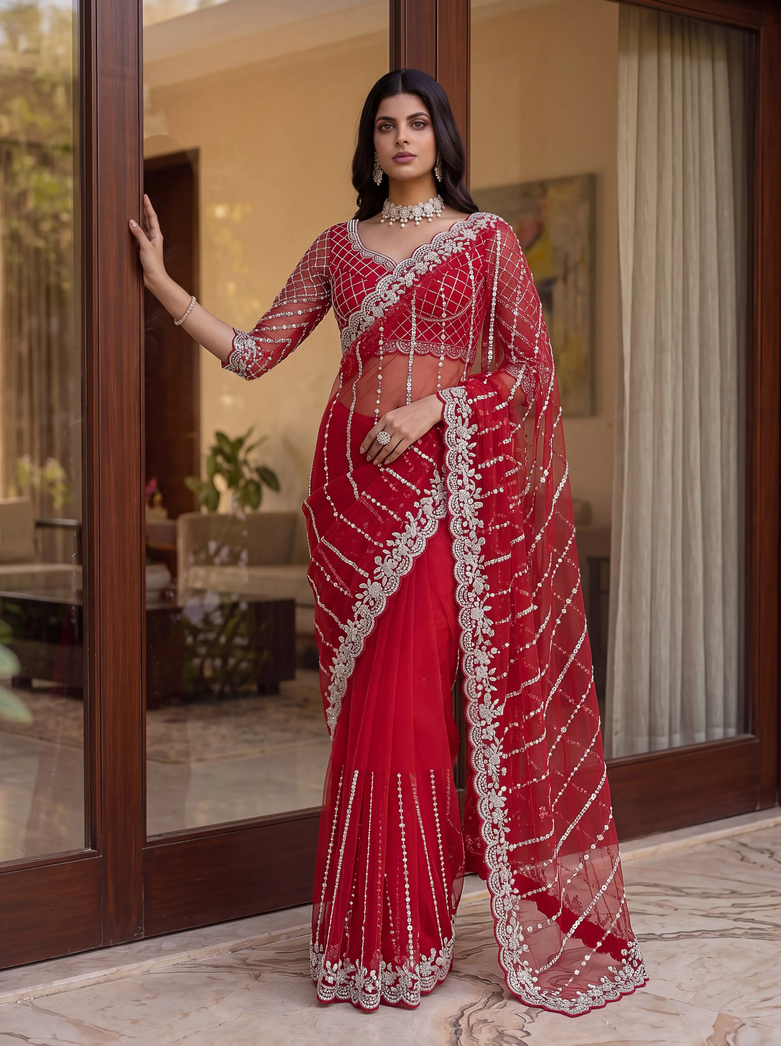 Designer Net Saree With Beads Sequin And Pearl Embroidery Work 9