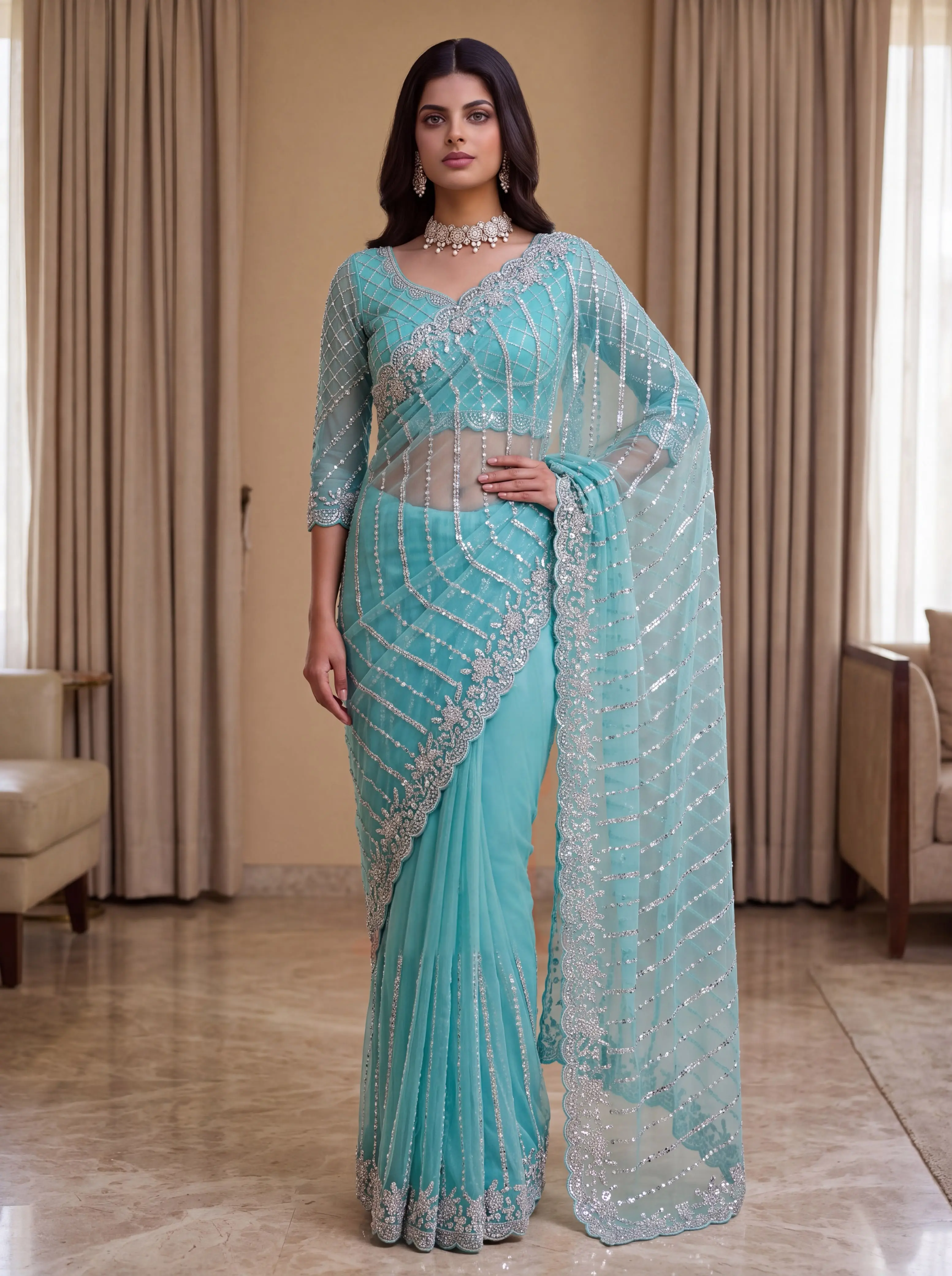 Designer Net Saree With Beads Sequin And Pearl Embroidery Work 2