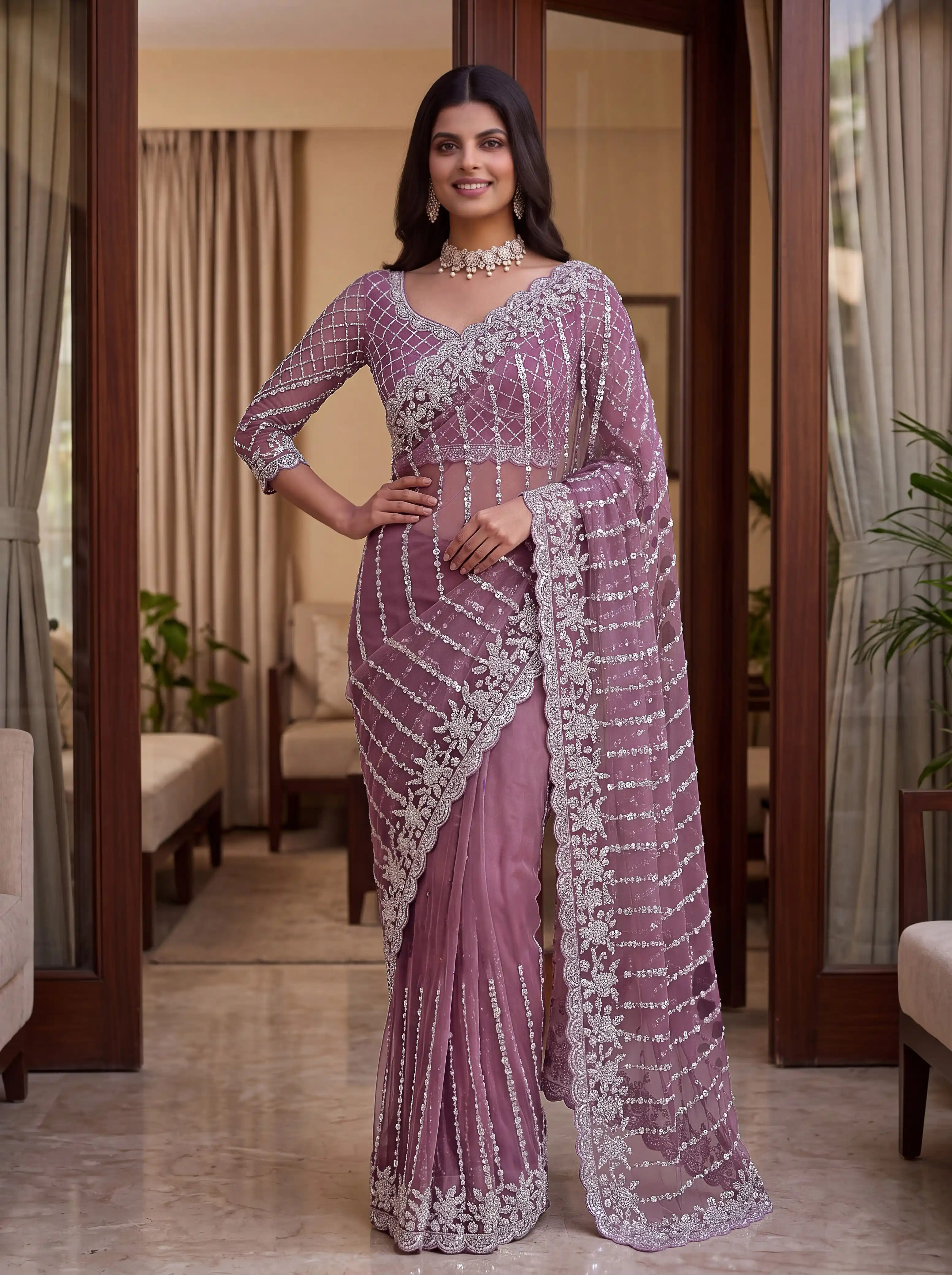 Designer Net Saree With Beads Sequin And Pearl Embroidery Work 3