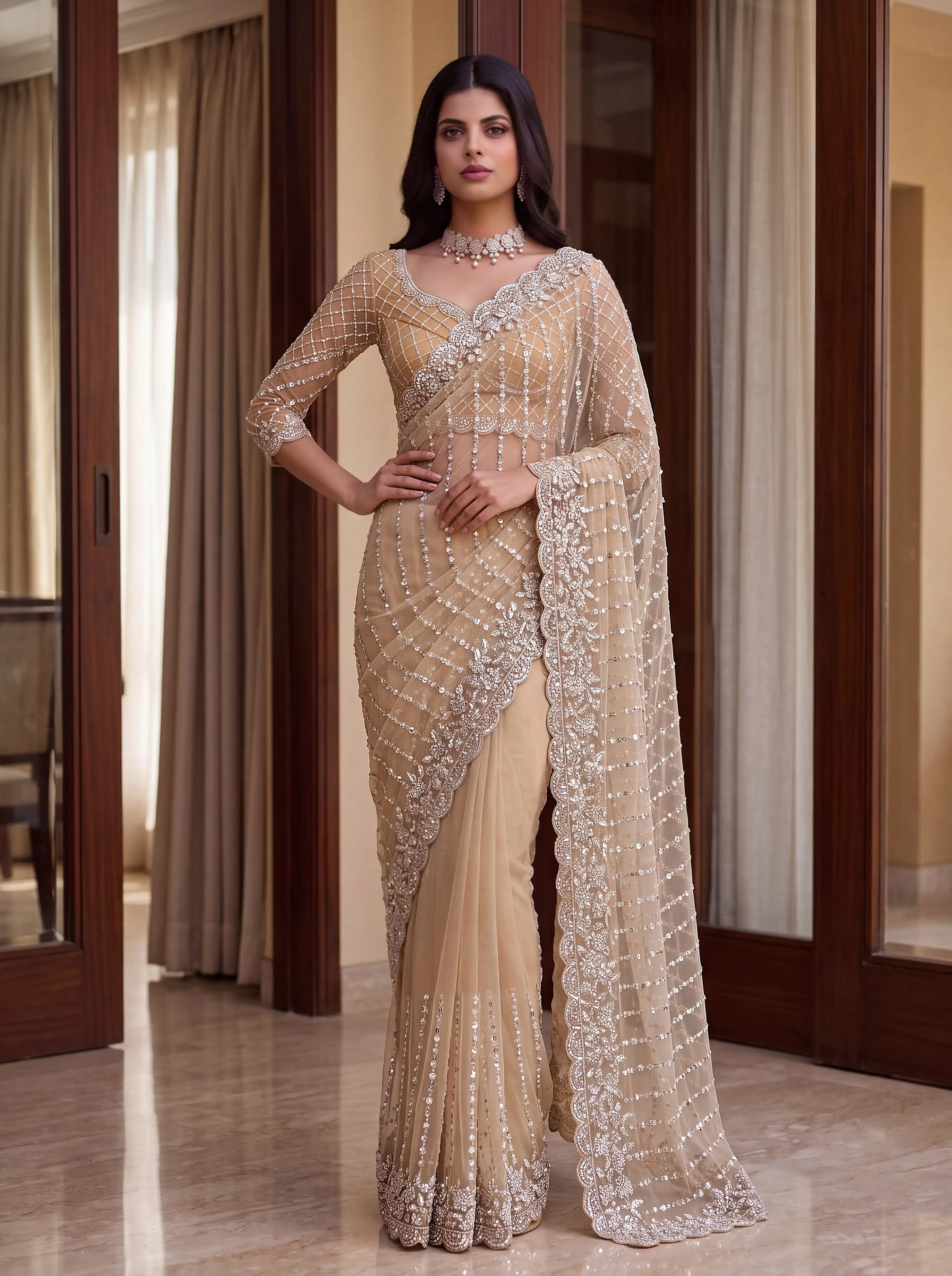 Designer Net Saree With Beads Sequin And Pearl Embroidery Work 4