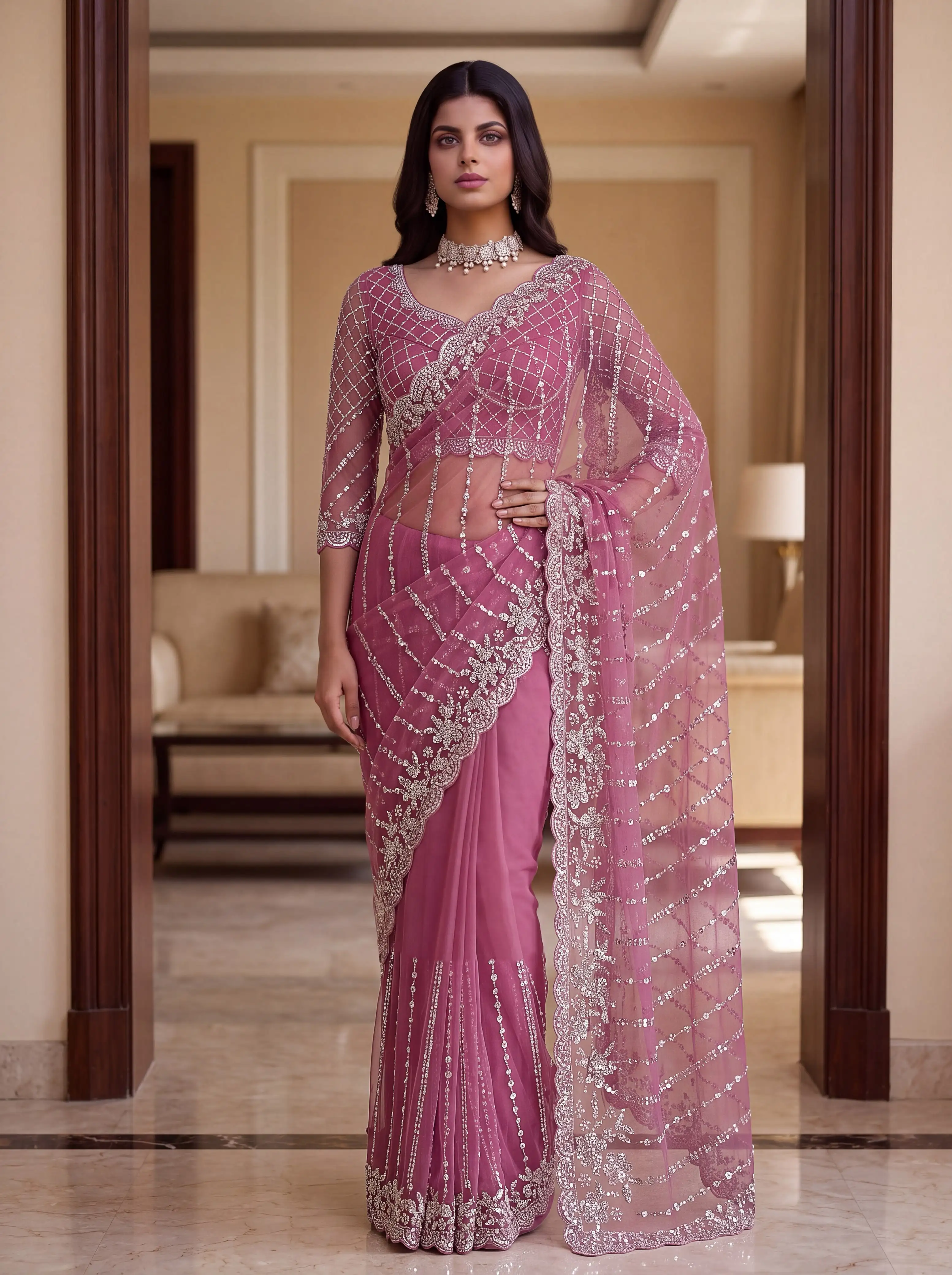 Designer Net Saree With Beads Sequin And Pearl Embroidery Work 5