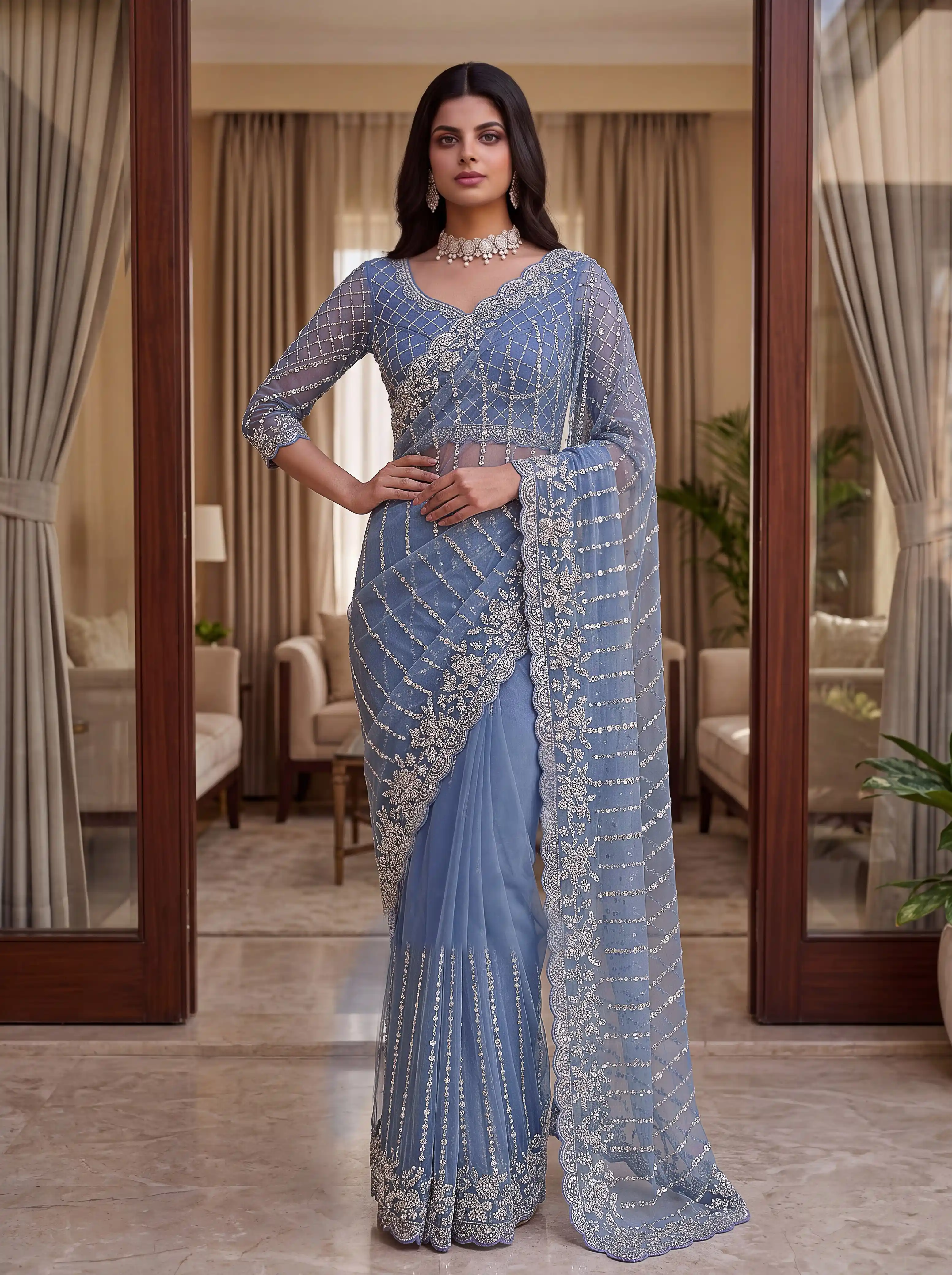 Designer Net Saree With Beads Sequin And Pearl Embroidery Work 6