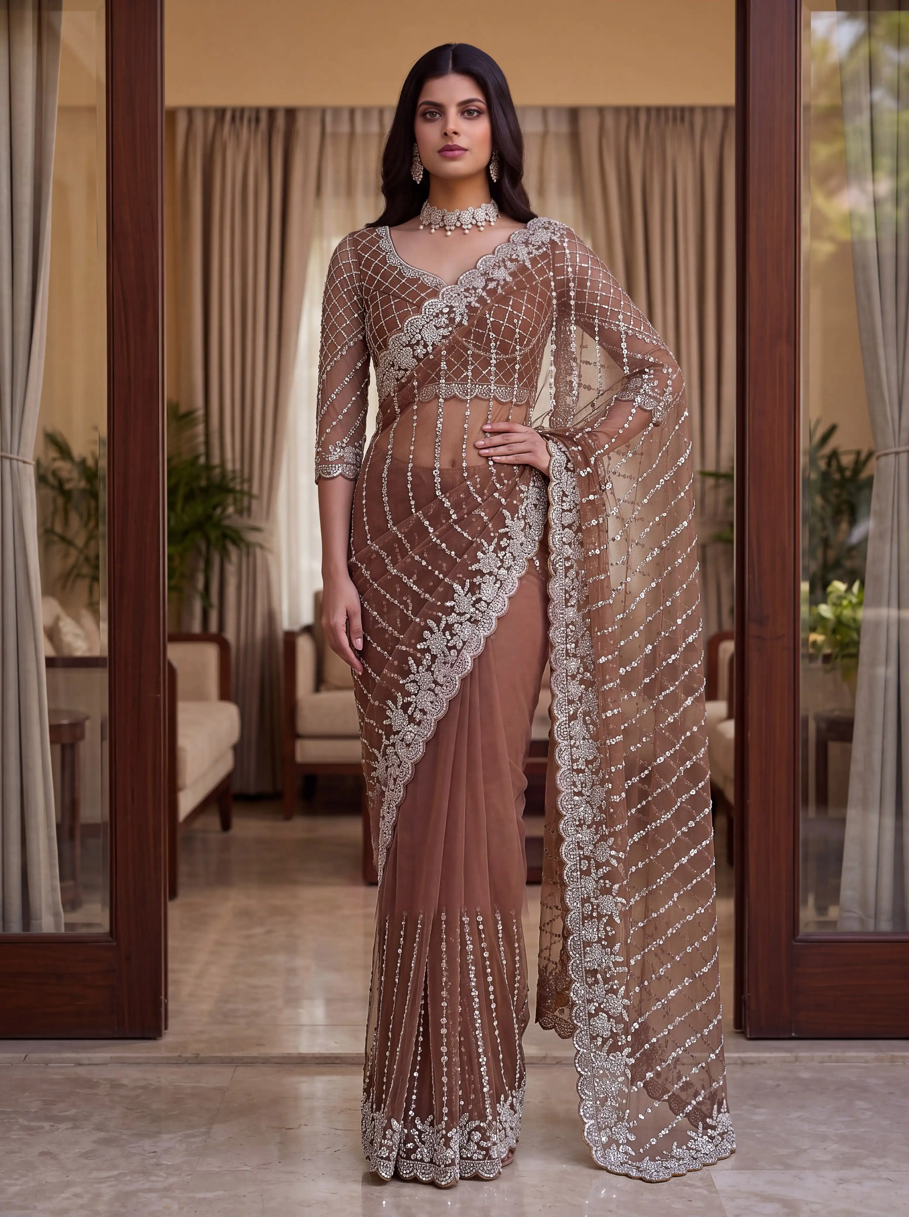 Designer Net Saree With Beads Sequin And Pearl Embroidery Work 7