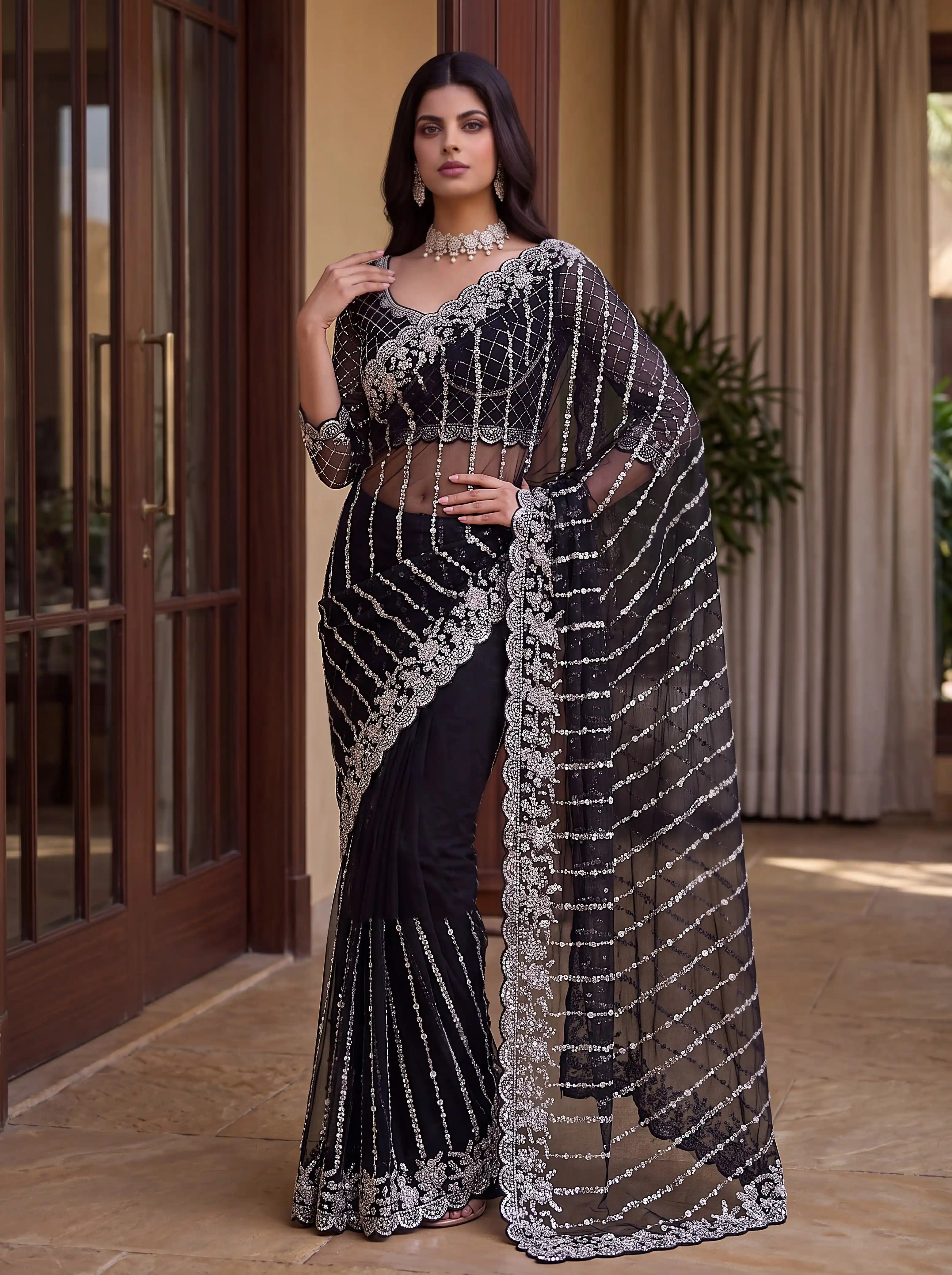 Designer Net Saree With Beads Sequin And Pearl Embroidery Work 8