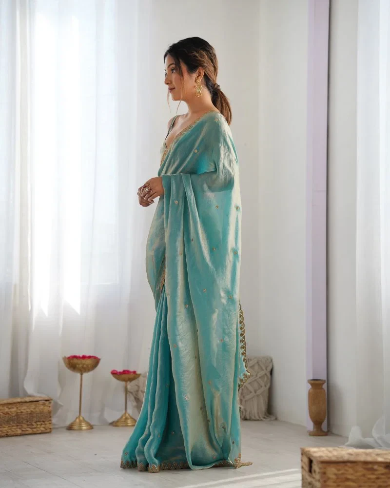 Em 22 Tissue Silk Embellished Sequinned Designer Saree 14