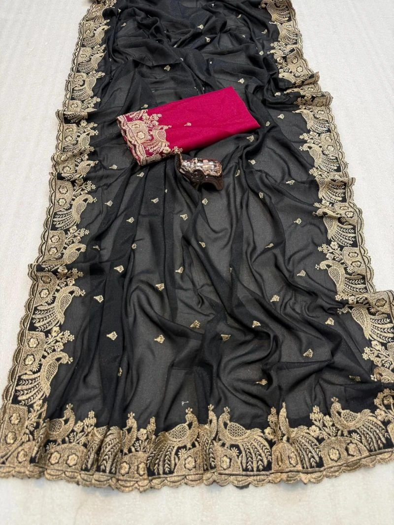 Em 26 Chiffon Embroidered Zari Weaving Saree Collection 5