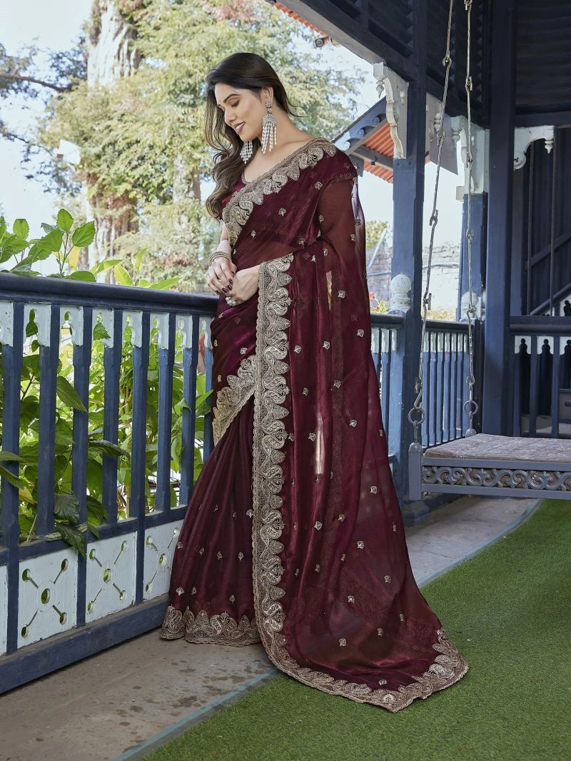 Em 27 Chiffon Organza Motifs Embroidered Saree 10