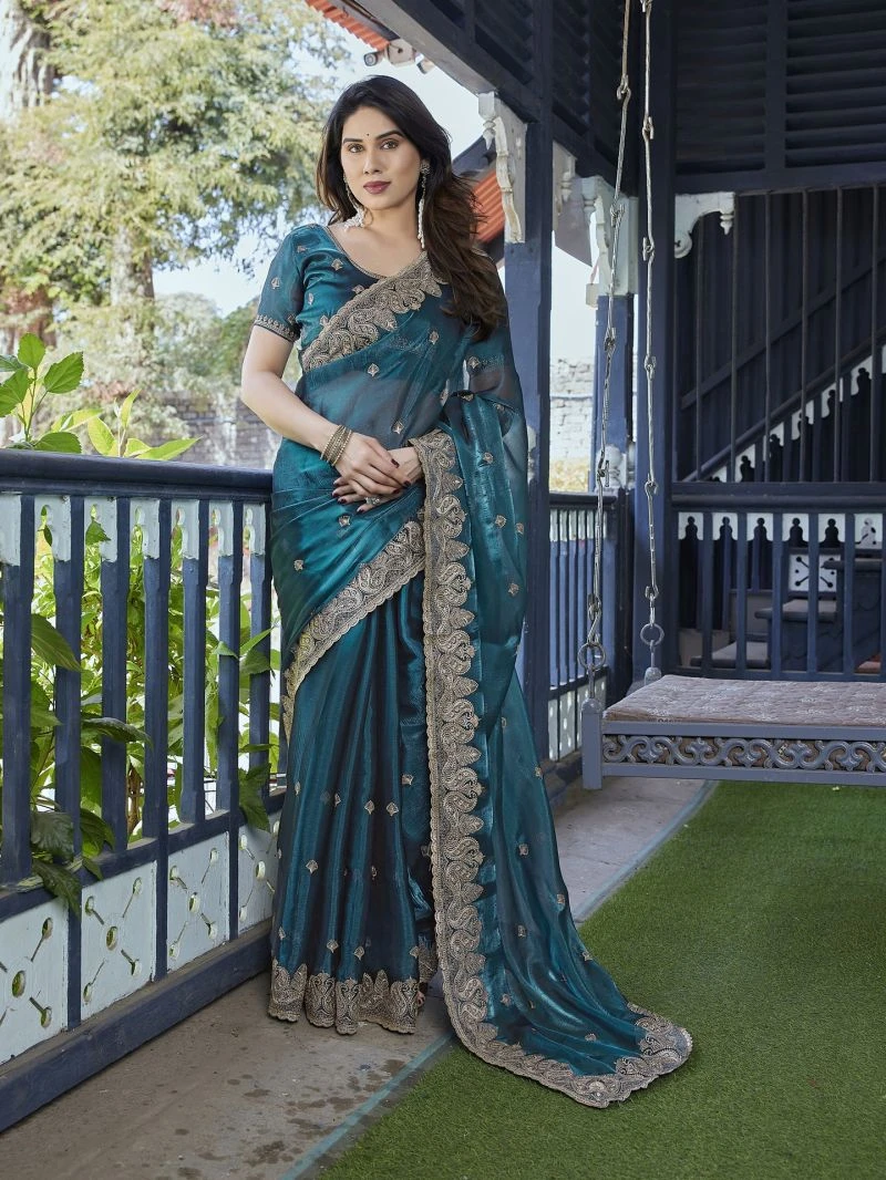 Em 27 Chiffon Organza Motifs Embroidered Saree 11