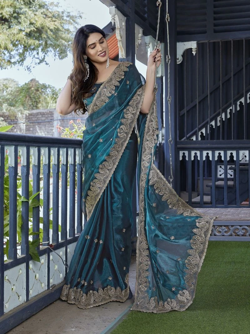 Em 27 Chiffon Organza Motifs Embroidered Saree 13