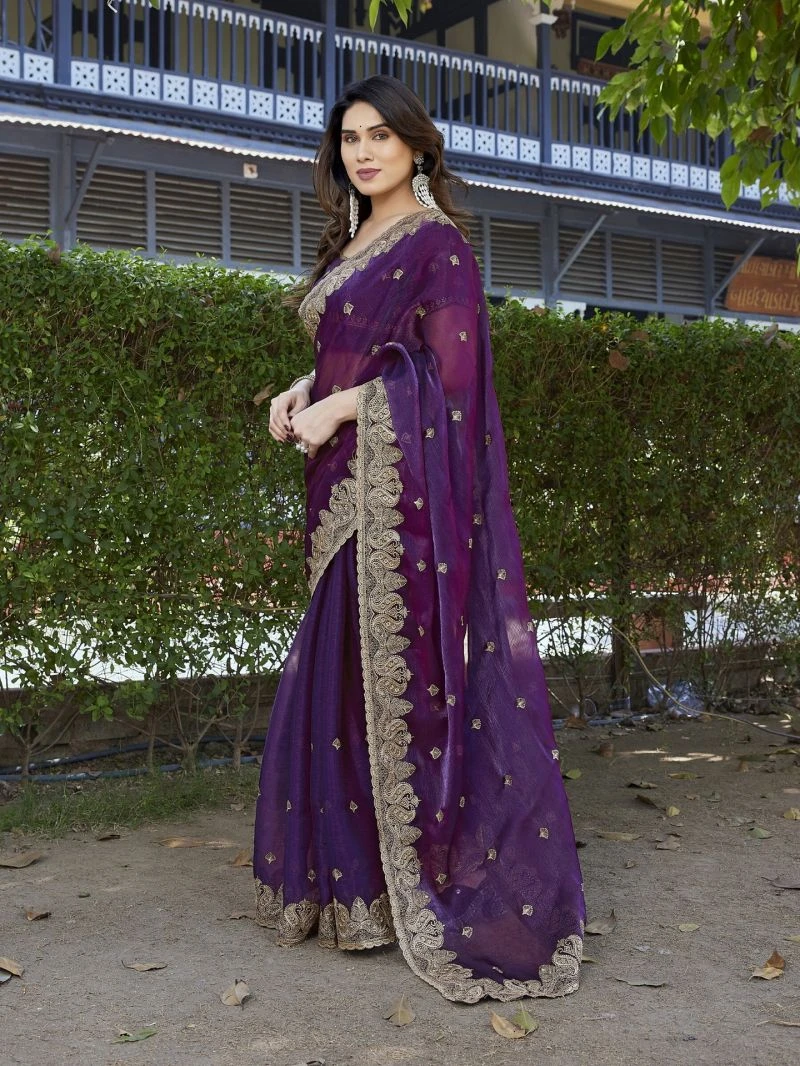 Em 27 Chiffon Organza Motifs Embroidered Saree 14