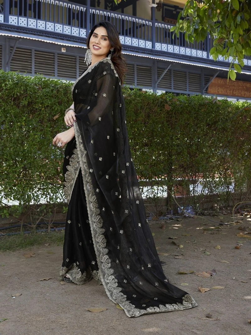 Em 27 Chiffon Organza Motifs Embroidered Saree 15