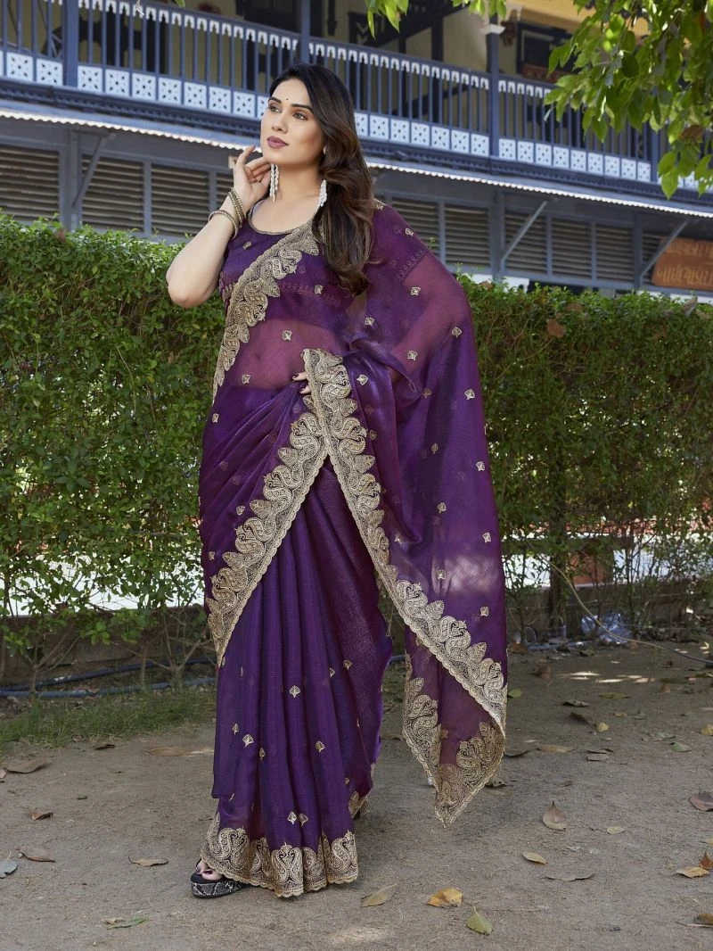 Em 27 Chiffon Organza Motifs Embroidered Saree 2