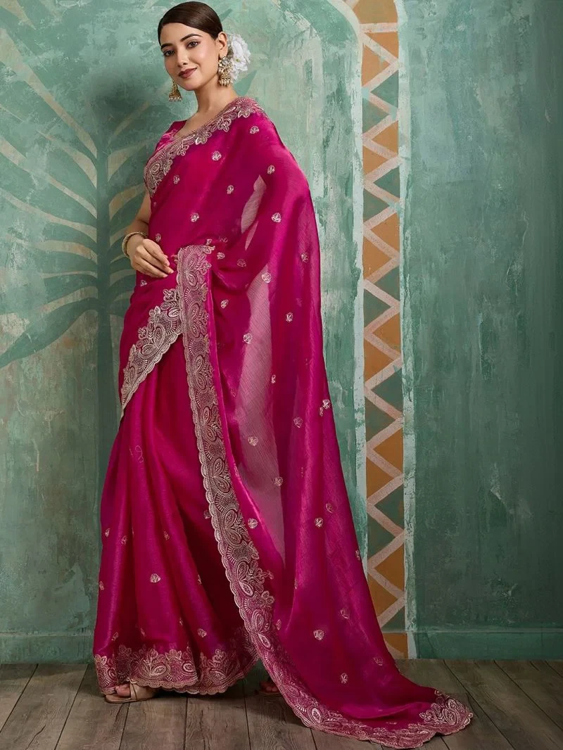 Em 27 Chiffon Organza Motifs Embroidered Saree 4