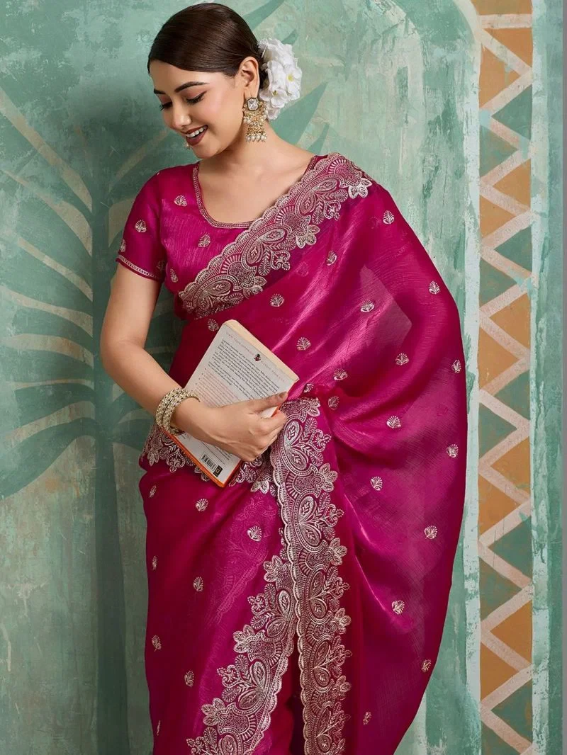 Em 27 Chiffon Organza Motifs Embroidered Saree 5