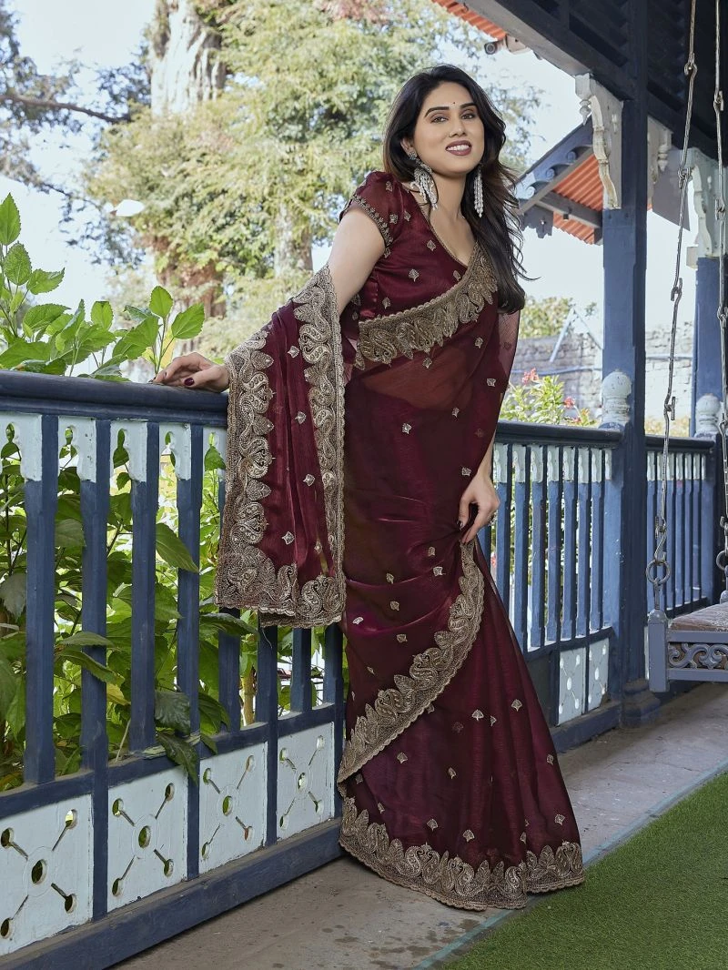Em 27 Chiffon Organza Motifs Embroidered Saree 9