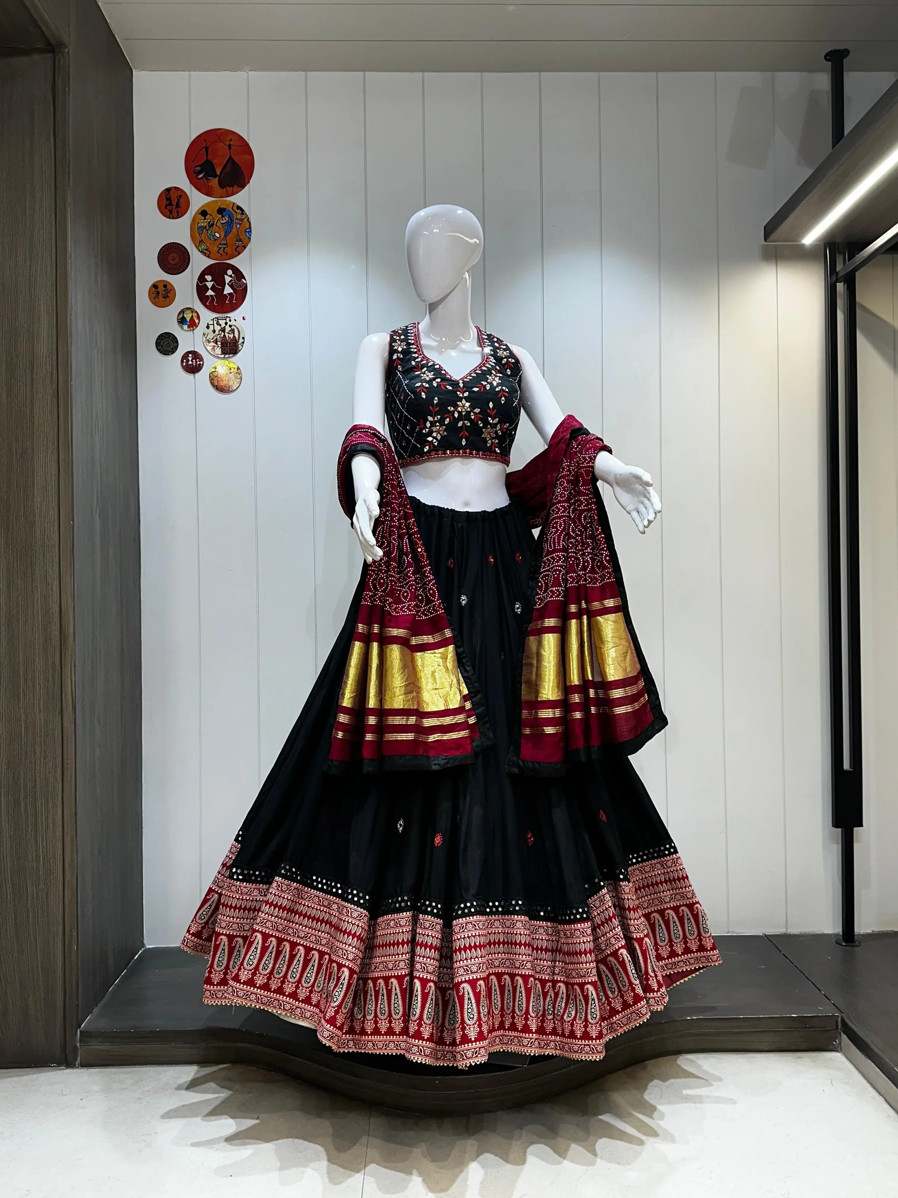 Kalash Pan Pure Cotton Chaniya Choli With Heavy Ajrakh Border And Mirror Aari Work