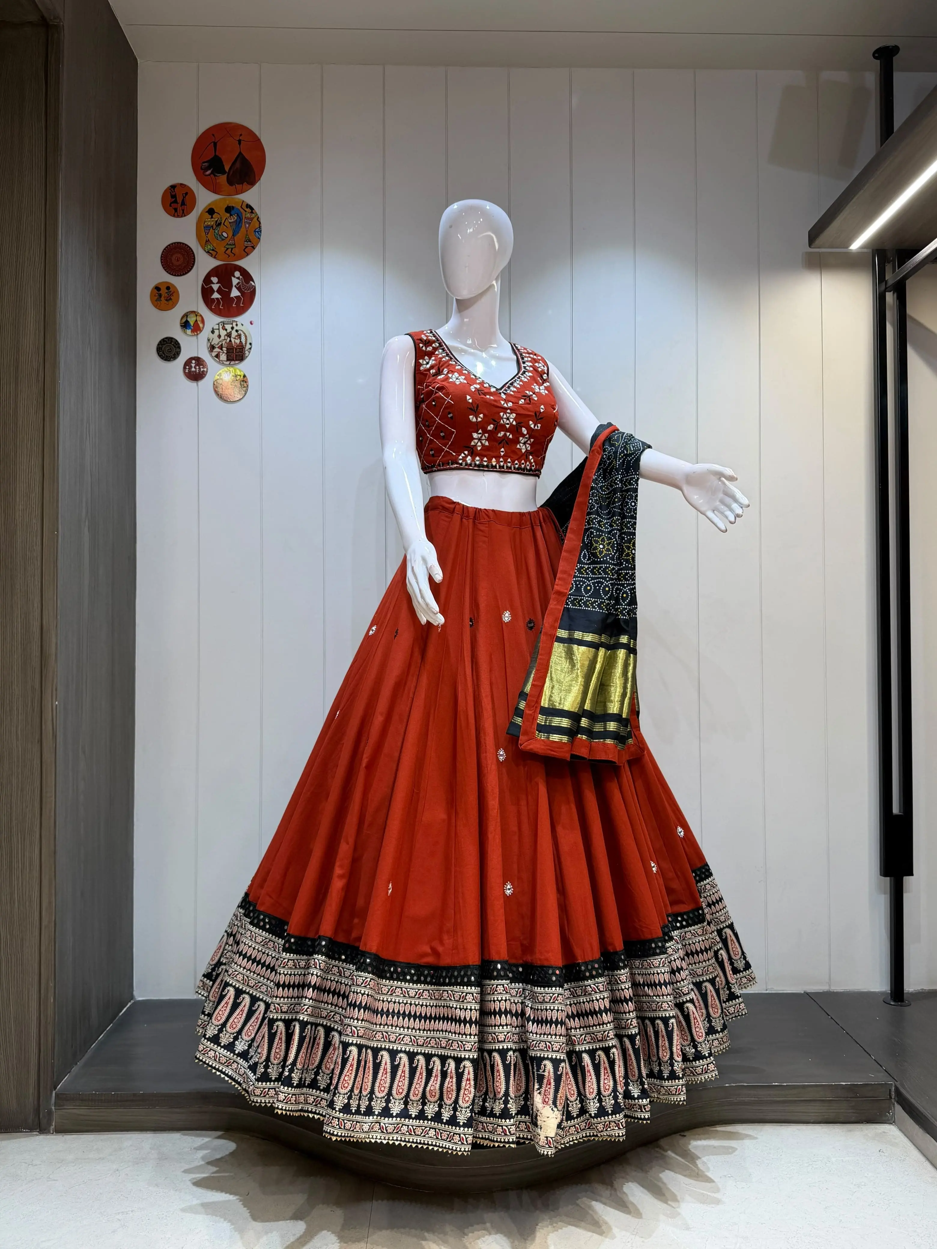 Kalash Pan Pure Cotton Chaniya Choli With Heavy Ajrakh Border And Mirror Aari Work 4