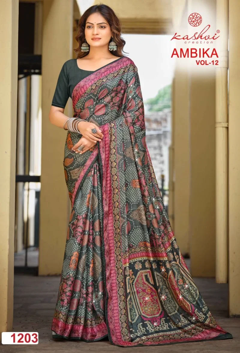 Kashvi Ambika Vol 12 Chocolate Digital Print Glass Work Saree Collection 2