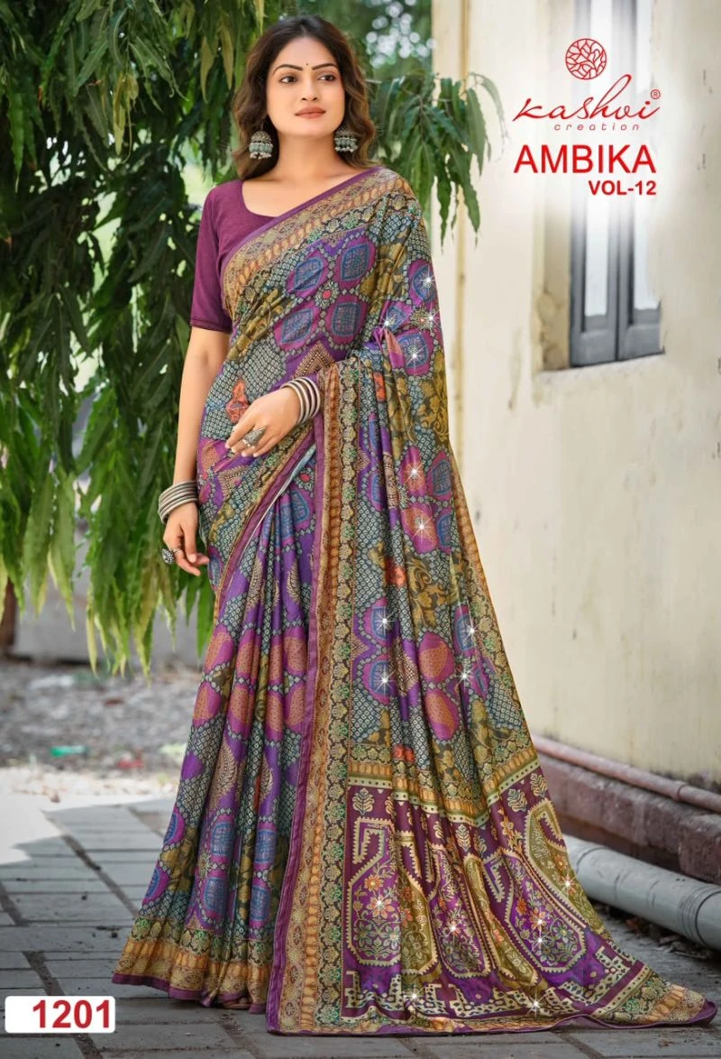 Kashvi Ambika Vol 12 Chocolate Digital Print Glass Work Saree Collection 3