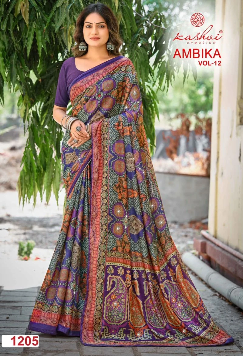 Kashvi Ambika Vol 12 Chocolate Digital Print Glass Work Saree Collection 4
