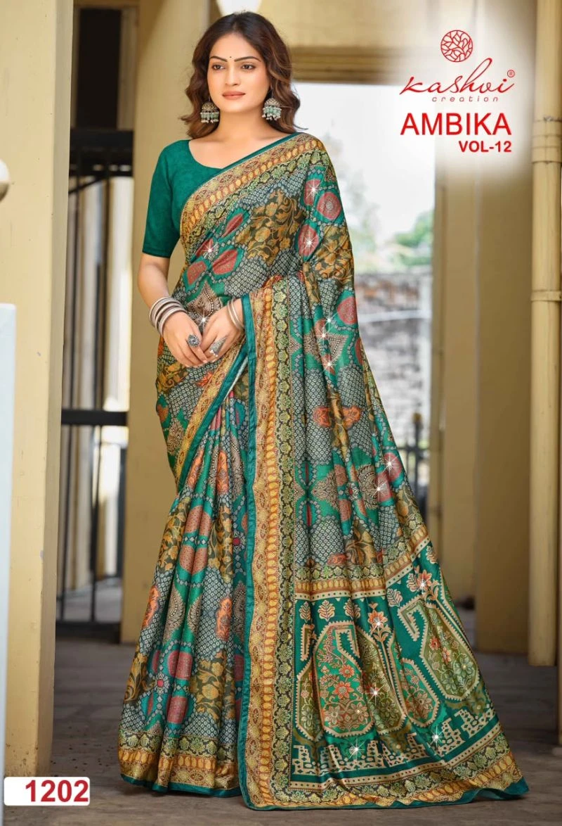 Kashvi Ambika Vol 12 Chocolate Digital Print Glass Work Saree Collection 5