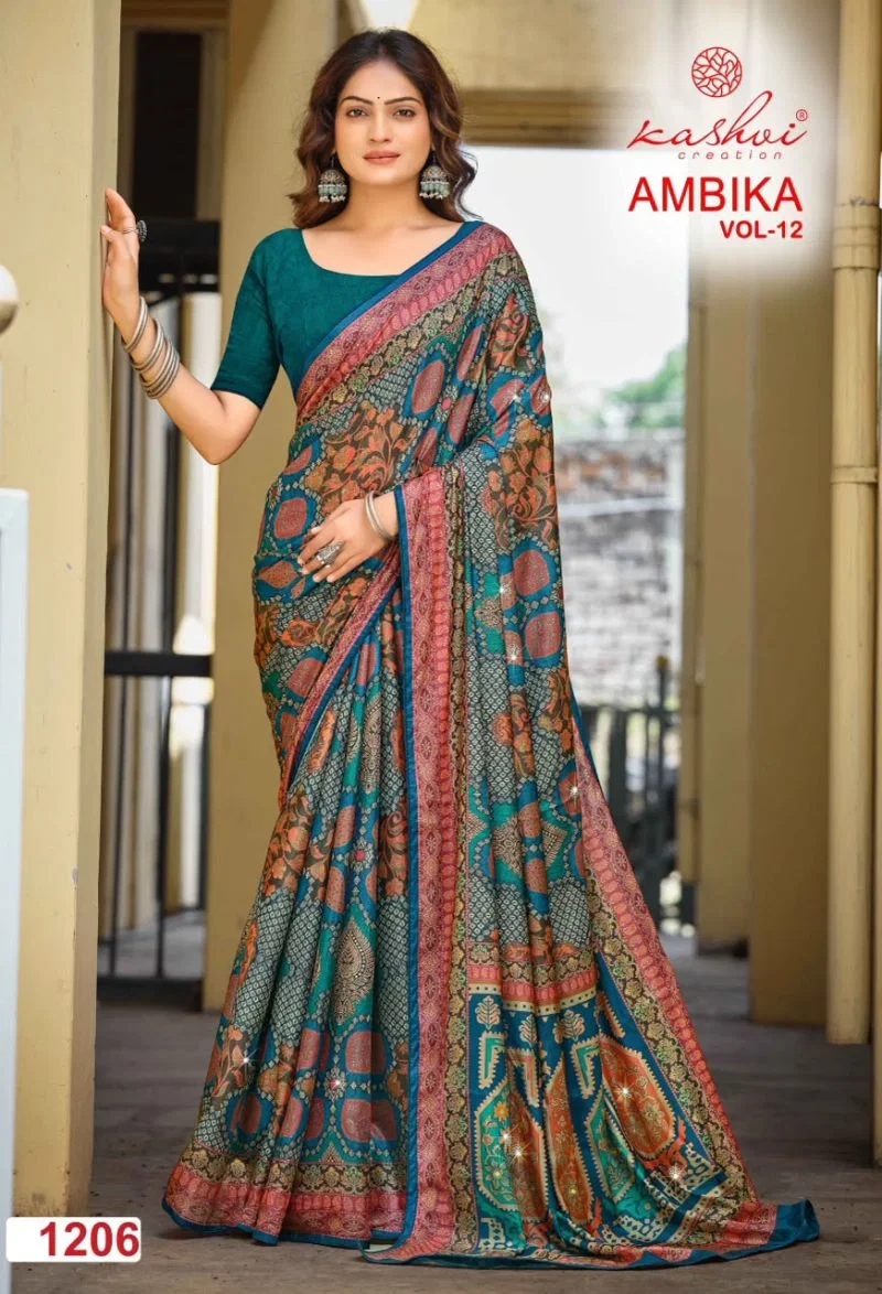 Kashvi Ambika Vol 12 Chocolate Digital Print Glass Work Saree Collection 6