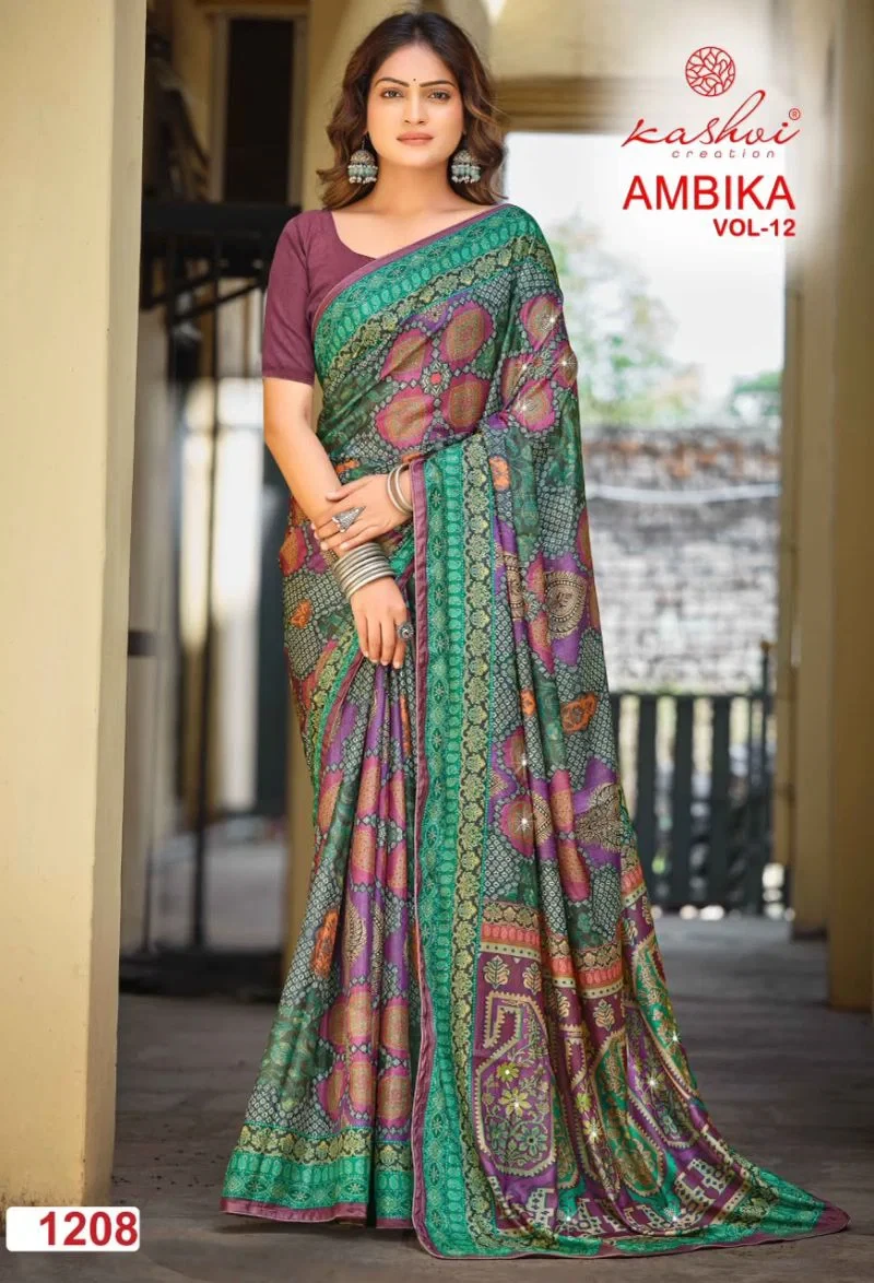 Kashvi Ambika Vol 12 Chocolate Digital Print Glass Work Saree Collection 7