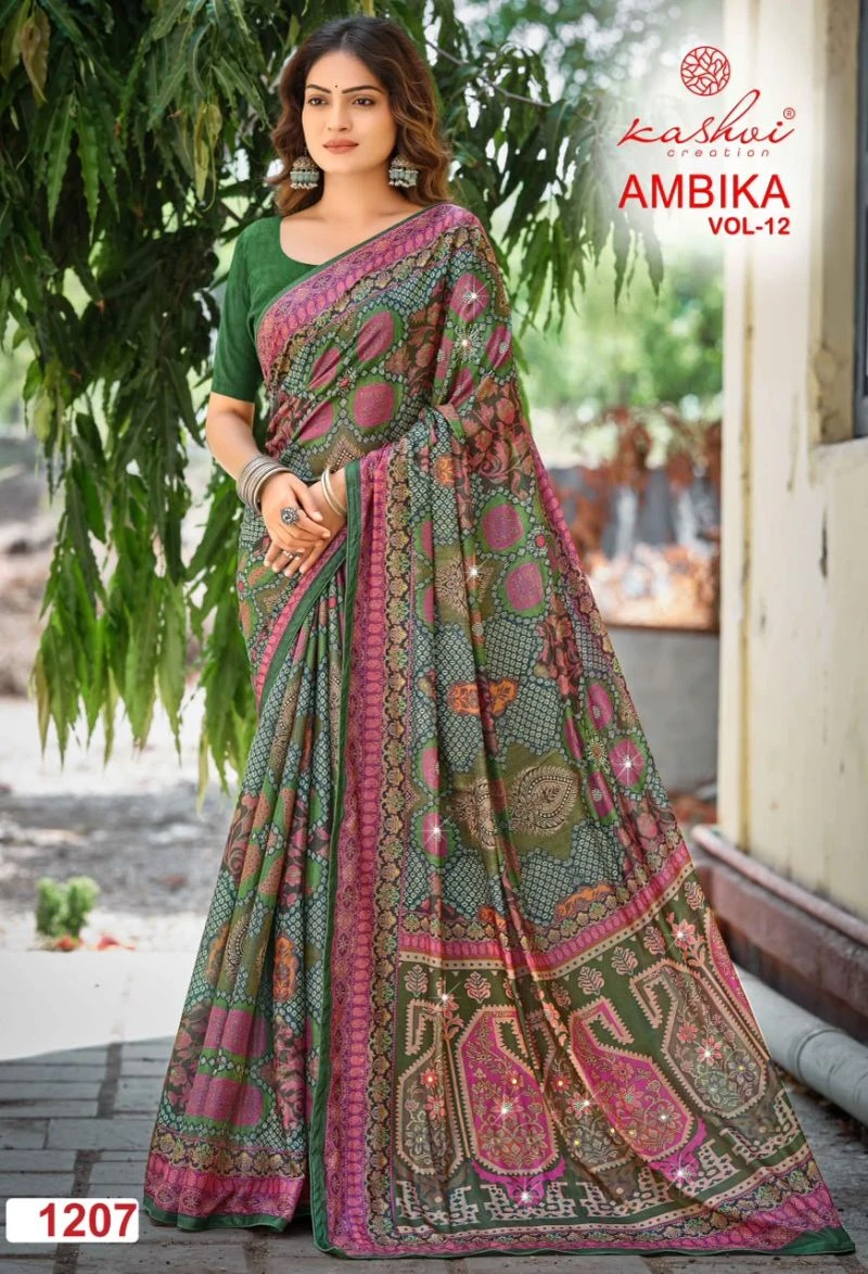 Kashvi Ambika Vol 12 Chocolate Digital Print Glass Work Saree Collection 8