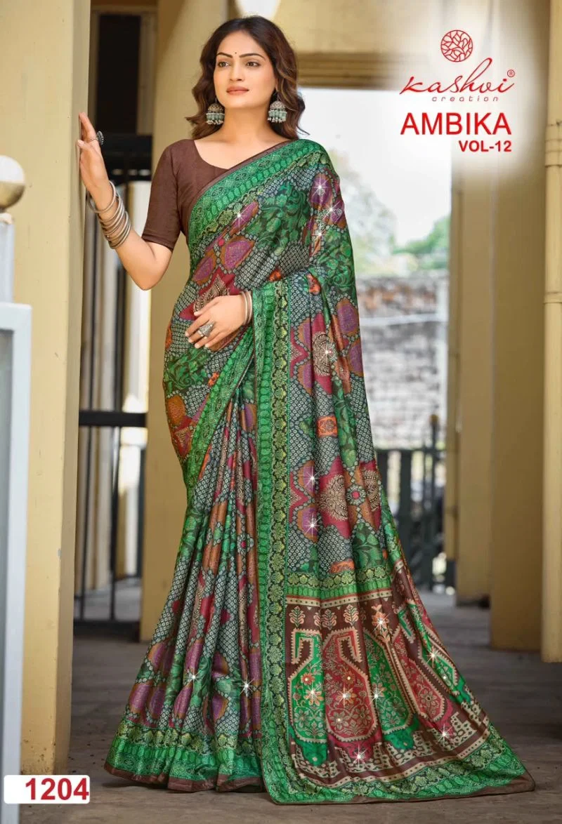 Kashvi Ambika Vol 12 Chocolate Digital Print Glass Work Saree Collection 9