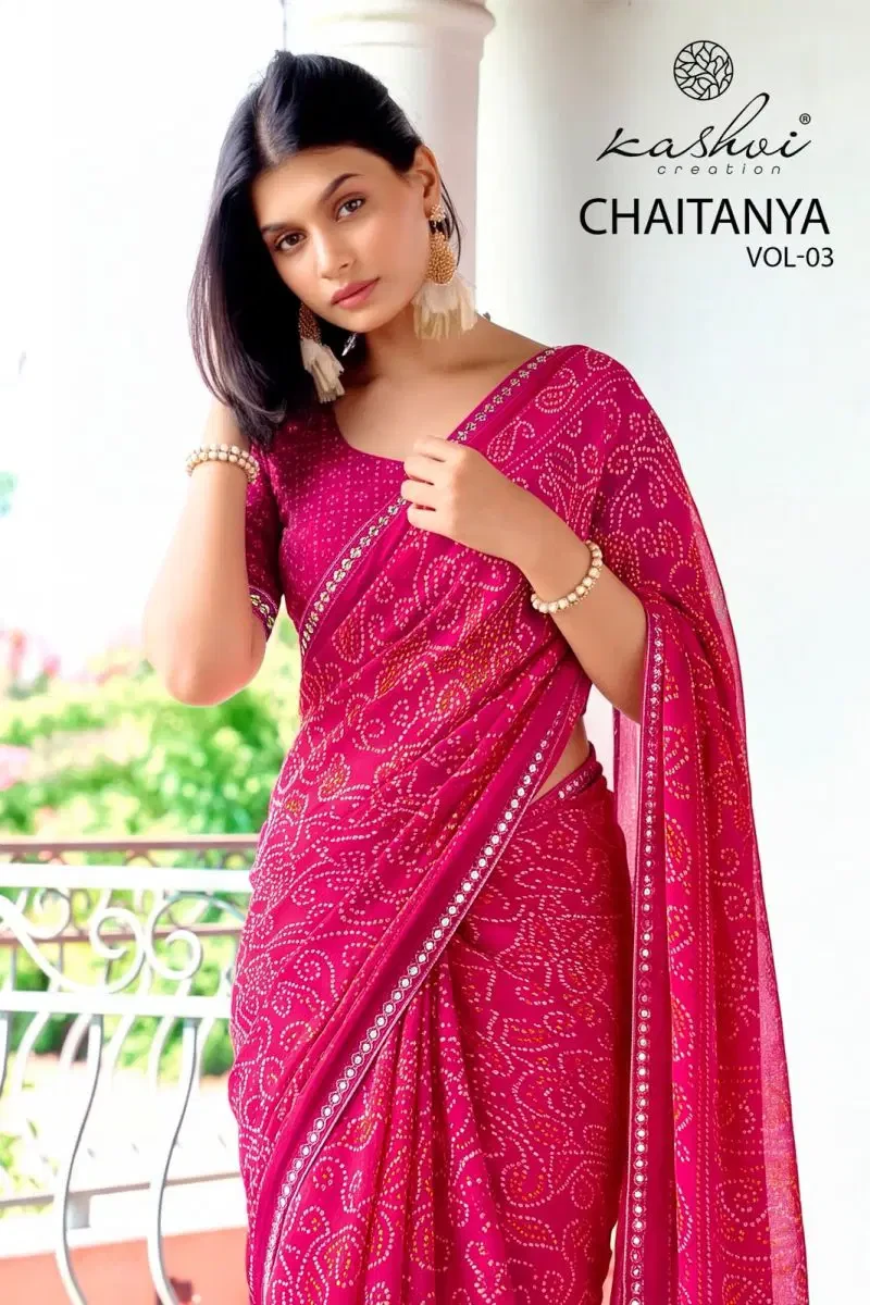 Kashvi Chaitanya Vol 3 Georgette Bandhani Fancy Border Saree Collection