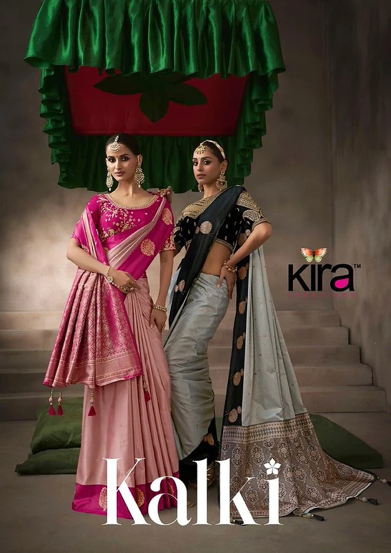 Kira Kalki Pure Satin Silk Saree With Raw Silk Base Blouse 1