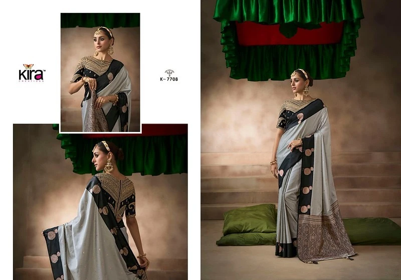 Kira Kalki Pure Satin Silk Saree With Raw Silk Base Blouse 11