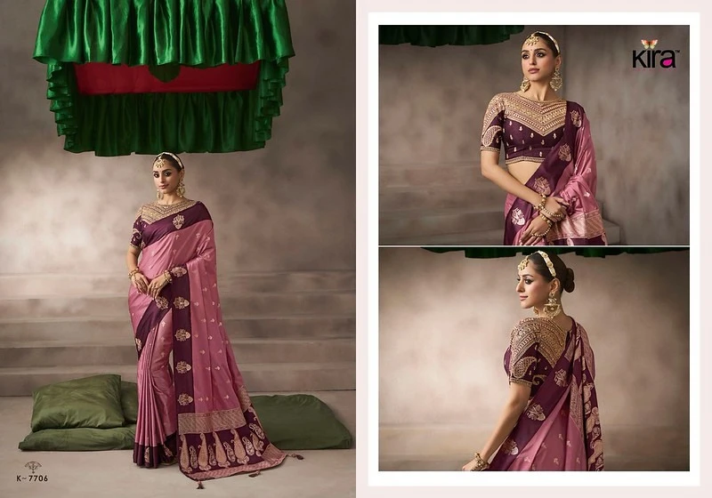 Kira Kalki Pure Satin Silk Saree With Raw Silk Base Blouse 12