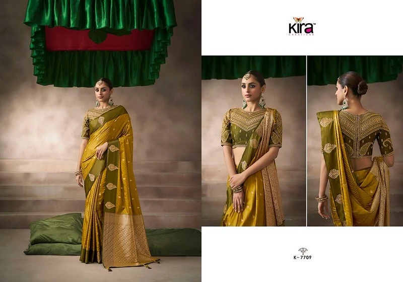 Kira Kalki Pure Satin Silk Saree With Raw Silk Base Blouse 13