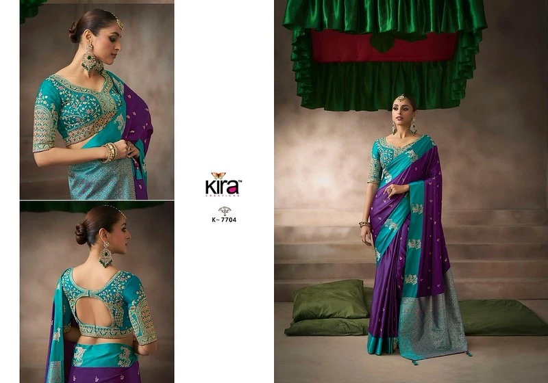 Kira Kalki Pure Satin Silk Saree With Raw Silk Base Blouse 2