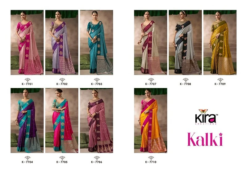 Kira Kalki Pure Satin Silk Saree With Raw Silk Base Blouse 4