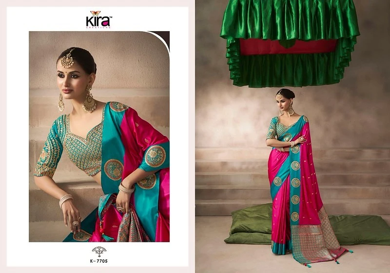 Kira Kalki Pure Satin Silk Saree With Raw Silk Base Blouse 5
