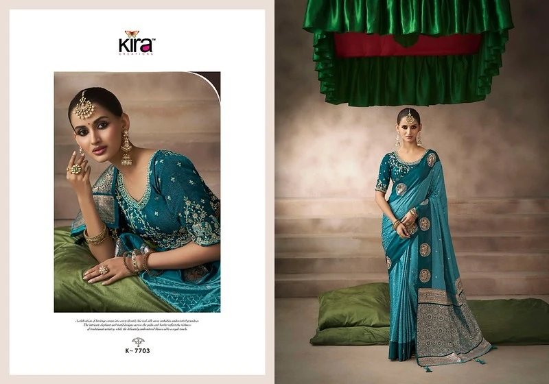 Kira Kalki Pure Satin Silk Saree With Raw Silk Base Blouse 7
