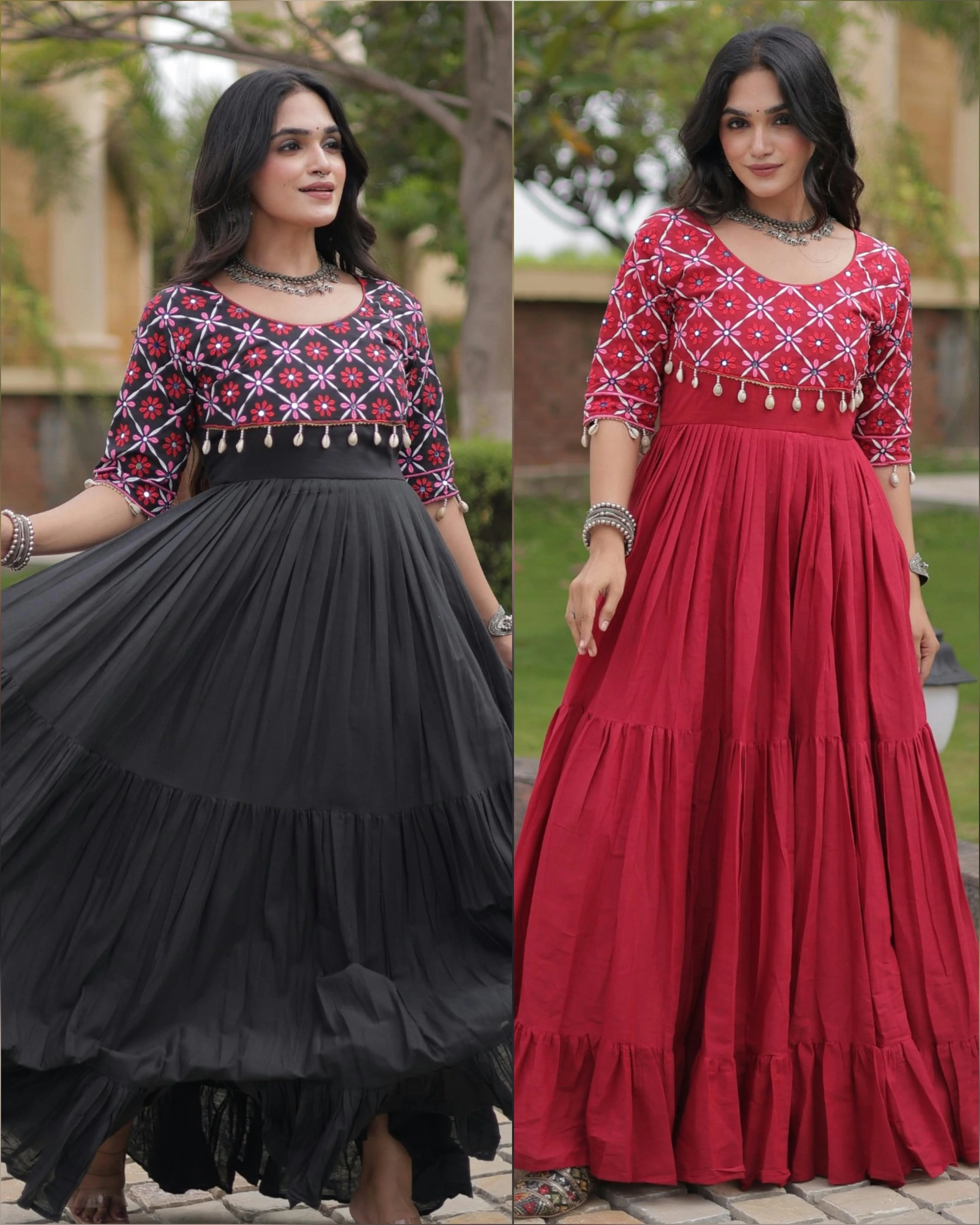 Kora Cotton Gown With Multi Thread Embroidery And Real Mirror Work 1