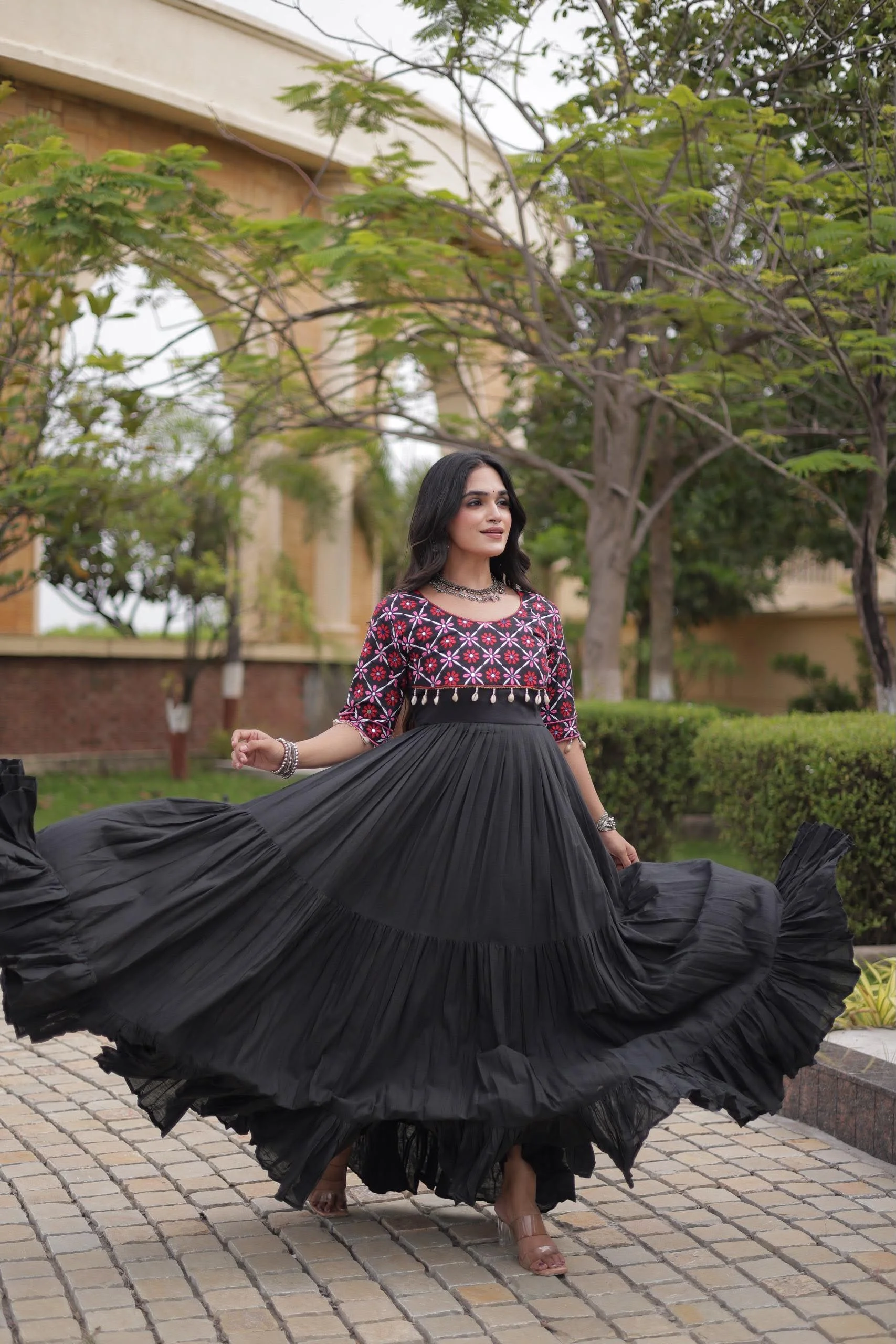 Kora Cotton Gown With Multi Thread Embroidery And Real Mirror Work 3