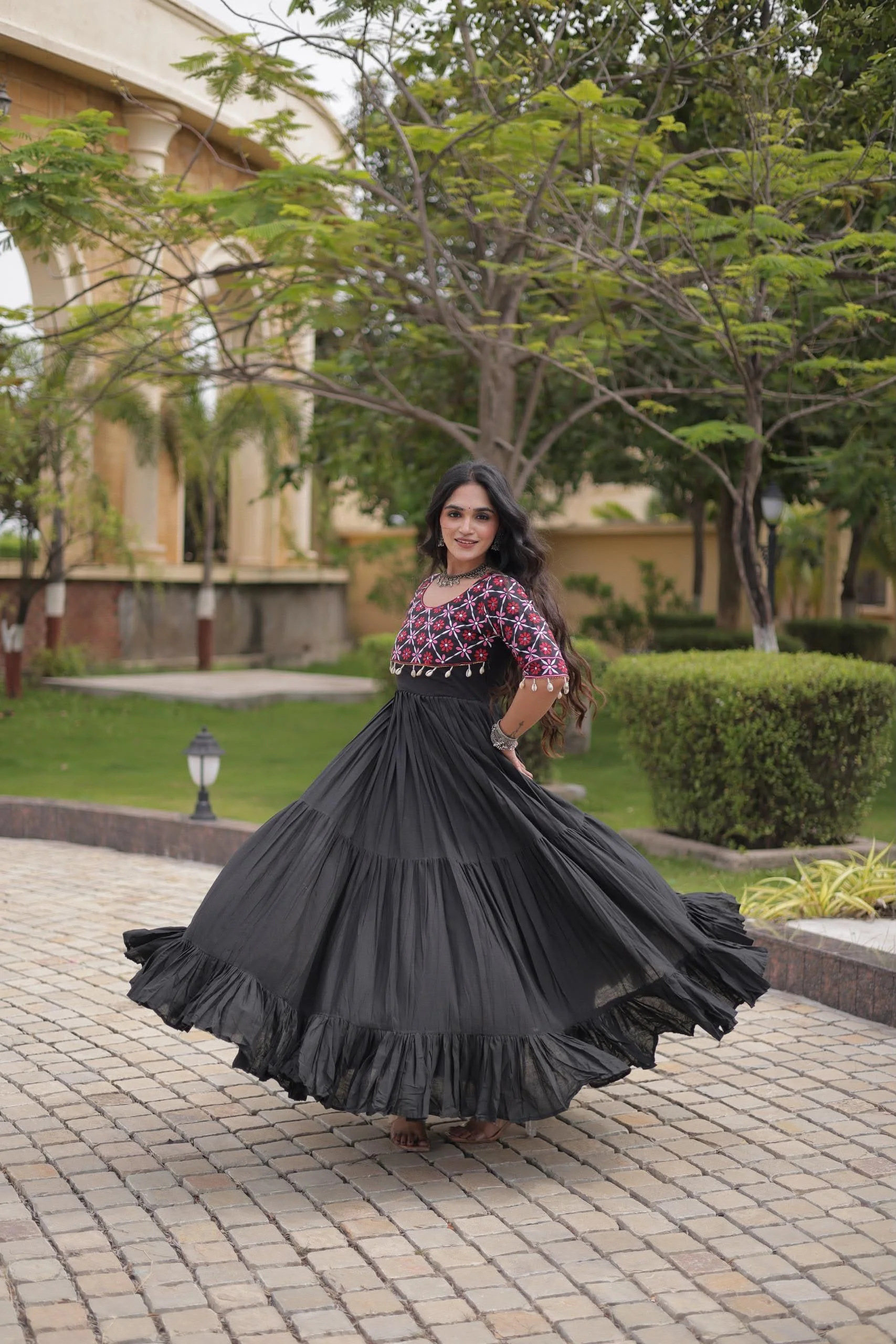 Kora Cotton Gown With Multi Thread Embroidery And Real Mirror Work 4
