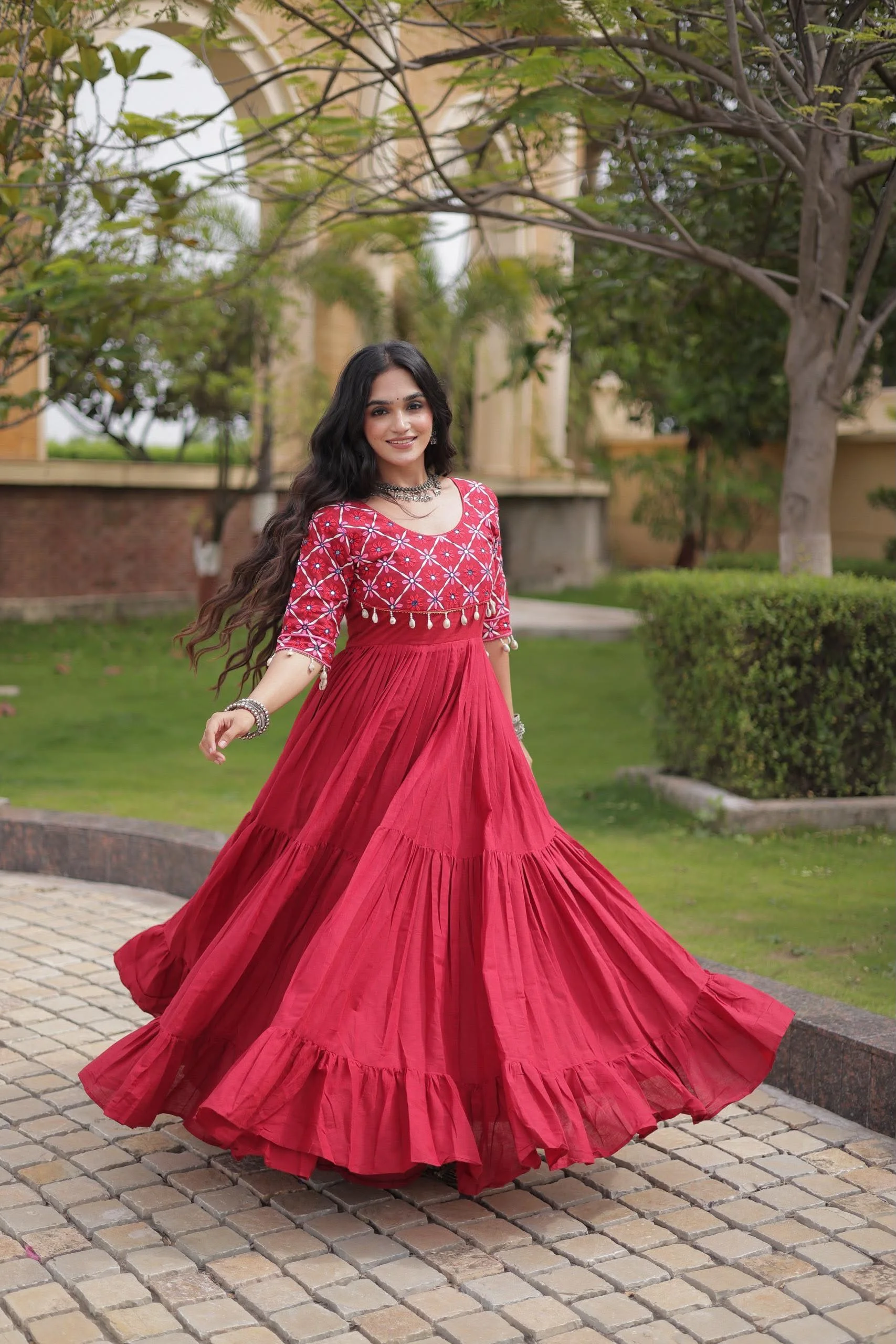 Kora Cotton Gown With Multi Thread Embroidery And Real Mirror Work 6